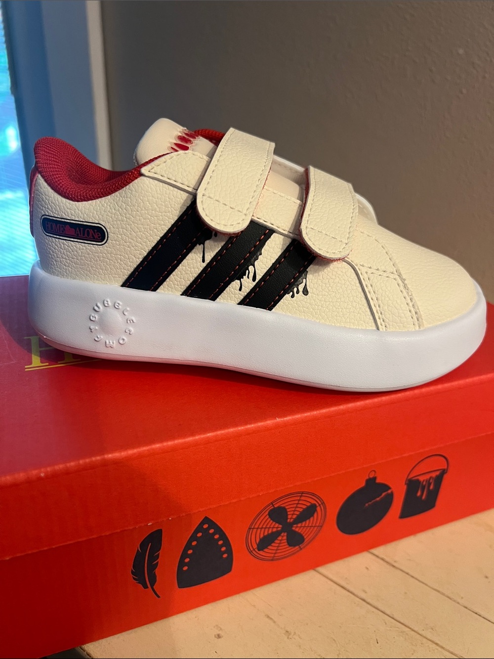 adidas home alone collaboration Cream Sneakers with Black Stripes and Red Lining